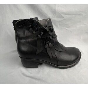 Socofy Women's Ankle Boots Size EU 39 US 8-8.5 Black Leather Handmade 3D Floral